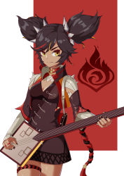 Rule 34 | 1girl, absurdres, black hair, black nails, blonde hair, breasts, capelet, chinese clothes, chinese commentary, closed mouth, collar, cowboy shot, dark-skinned female, dark skin, eyeshadow, flame print, genshin impact, guitar, hair ornament, highres, holding, holding instrument, instrument, looking to the side, makeup, multicolored hair, nail polish, parted bangs, red hair, short twintails, simple background, skirt, small breasts, smile, solo, spiked collar, spikes, streaked hair, tan, tassel, thigh strap, twintails, xinyan (genshin impact), yellow eyes, zhaohengyu2