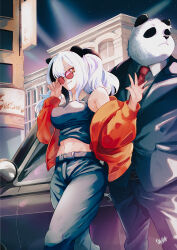 Rule 34 | 1boy, 1girl, animal ears, arknights, bare shoulders, bear ears, black hair, black pants, black shirt, breasts, city, closed mouth, feater (arknights), feet out of frame, formal, furry, furry male, impossible clothes, impossible shirt, jacket, large breasts, long hair, long sleeves, looking at viewer, multicolored hair, navel, necktie, night, open clothes, open jacket, orange eyes, orange jacket, outdoors, pants, peppsi (saba sabasuk0), red-tinted eyewear, red necktie, round eyewear, shirt, smile, standing, streaked hair, suit, sunglasses, tank top, tinted eyewear, twintails, two-tone hair, wading, white hair