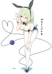 1girl absurdres animal_ear_hairband animal_ears arm_strap bare_shoulders bent_over black_bow black_bowtie black_footwear black_leotard blue_eyes blush bow bowtie breasts commentary_request detached_collar eyeball fake_animal_ears fake_tail full_body green_hair hairband hand_on_own_knee heart heart_of_string highres komeiji_koishi koroyarou leotard long_hair looking_at_viewer medium_breasts one_eye_closed pantyhose playboy_bunny rabbit_ears rabbit_tail simple_background smile solo strapless strapless_leotard tail teeth third_eye touhou v white_background white_pantyhose white_wrist_cuffs wrist_cuffs