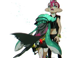 Rule 34 | 1boy, 1girl, agent 3 (splatoon), agent 8 (splatoon), alternate hairstyle, asphyxiation, bike shorts, black capelet, black pants, black shirt, black shorts, capelet, cellphone, commentary, dark skin, dated, fangs, from behind, green hair, groin, half-closed eyes, hero dualies (splatoon), holding, holding weapon, inkling, inkling girl, inkling player character, long hair, lowleg, lowleg pants, midriff, motion blur, neck lift, nintendo, octoling, octoling boy, octoling player character, paint splatter, pants, phone, pointy ears, red hair, shirt, shorts, single vertical stripe, sleeveless, sleeveless shirt, smartphone, splatoon (series), splatoon 2, splatoon 2: octo expansion, squidbeak splatoon, standing, strangling, tearing up, tentacle hair, very long hair, weapon, white background, wristband, yeneny