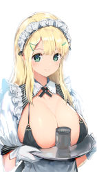 Rule 34 | 1girl, alternate costume, apron, bad id, bad pixiv id, bikini, black bikini, blonde hair, breast rest, breasts, breasts on tray, breasts out, carried breast rest, carrying, cleavage, closed mouth, commentary request, cup, enmaided, gloves, green eyes, hair ornament, hairclip, highres, holding, holding tray, large breasts, long hair, looking at viewer, maid, maid headdress, micro bikini, senran kagura, senran kagura estival versus, senran kagura shinovi versus, simple background, sleeve cuffs, smile, solo, swimsuit, tareme, tray, upper body, white apron, white background, white gloves, yaegashi nan, yomi (senran kagura)