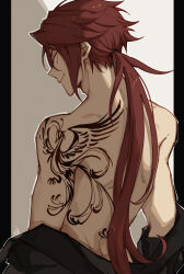 Rule 34 | 1boy, aaron wei, back tattoo, bare back, bare shoulders, bird, bishounen, black robe, chinese commentary, closed mouth, commentary request, cowboy shot, eiyuu densetsu, freeze rin, highres, kuro no kiseki, long hair, looking at viewer, looking back, low ponytail, male focus, orange eyes, outline, phoenix, pillarboxed, red hair, robe, robe partially removed, shoulder tattoo, signature, simple background, smirk, solo, tattoo, very long hair, white background, white outline