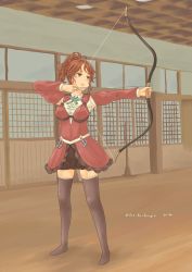 Rule 34 | 1girl, absurdres, aquila (kancolle), archery, armpit cutout, arrow (projectile), black skirt, black thighhighs, bow (weapon), clothing cutout, collared shirt, drawing bow, full body, garter straps, green ribbon, hair ornament, hairclip, high ponytail, highres, holding, holding arrow, holding bow (weapon), holding weapon, jacket, kantai collection, long hair, miniskirt, orange hair, pot-de, red jacket, ribbon, shirt, skirt, solo, thighhighs, wavy hair, weapon, white shirt, yellow eyes