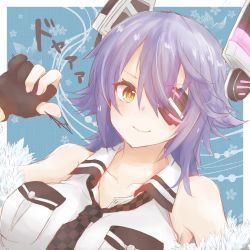 Rule 34 | 1girl, bare shoulders, black gloves, breast pocket, buttons, checkered clothes, checkered necktie, checkered neckwear, cherry blossoms, closed mouth, collarbone, eyepatch, feathers, gloves, hair between eyes, headgear, highres, kantai collection, kitsunebi ao, looking at viewer, necktie, partially fingerless gloves, pocket, pointing, pointing at self, purple hair, shirt, short hair, signature, simple background, smile, solo, tenryuu (kancolle), tenryuu kai ni (kancolle), white shirt, yellow eyes