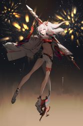 1girl, aonogura, arknights, bandeau, bare legs, belt, black belt, body markings, boots, braid, breasts, colored skin, commentary, dragon horns, dragon tail, earrings, fire, fireworks, floating, floating hair, full body, groin, highres, horns, jacket, jewelry, long hair, looking at viewer, medium breasts, multicolored, multicolored hair, multicolored skin, navel, nian (arknights), night, night sky, open clothes, open jacket, pointy ears, ponytail, purple eyes, red hair, red skin, red tubetop, short shorts, shorts, side braid, sidelocks, silver hair, single braid, sky, solo, stomach, strapless, streaked hair, sword, tail, tassel, tassel earrings, tongue, tongue out, tubetop, two-tone hair, weapon, white footwear, white jacket, white shorts