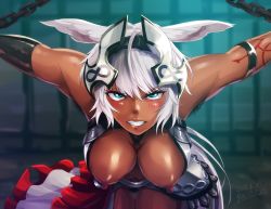 Rule 34 | 1girl, abs, angry, animal ears, arm tattoo, armlet, armor, armpit hair, bad id, bad pixiv id, bare shoulders, bars, bent over, blue eyes, blurry, blurry background, blush, breasts, caenis (fate), caenis (fate/grand order), chain, cleavage, clenched teeth, commentary request, dark-skinned female, dark skin, dated, dawn, depth of field, fate/grand order, fate (series), faulds, female pubic hair, hair between eyes, headwear request, hero neisan, highres, large breasts, layered skirt, legs together, long hair, looking at viewer, moderate pubic hair, morning, navel, nipples, outstretched arms, pubic hair, pubic tattoo, red skirt, restrained, scowl, shiny skin, sidelocks, signature, skirt, solo, spread arms, tattoo, teeth, thigh gap, toned, tsurime, v-shaped eyebrows, v-shaped eyes, very long hair, white hair, white skirt
