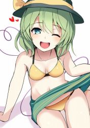 Rule 34 | 1girl, amisu, aqua eyes, bare shoulders, bikini, black hat, bow, breasts, green hair, green skirt, hat, hat bow, heart, komeiji koishi, looking at viewer, one eye closed, open mouth, simple background, skirt, small breasts, smile, solo, swimsuit, touhou, white background, yellow bikini, yellow bow