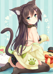 Rule 34 | 1girl, :3, animal ears, ass, bare shoulders, bikini, black hair, blush, braid, breasts, brown hair, cat ears, cat tail, collar, from side, green eyes, hair ornament, hairclip, hood, hoodie, long hair, looking at viewer, looking back, medium breasts, no shoes, original, paw pose, sideboob, sitting, smile, solo, striped, striped background, swimsuit, tail, takehana note, thighhighs, vertical stripes, wariza