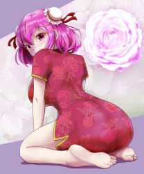 Rule 34 | 1girl, barefoot, blush, breasts, bun cover, china dress, chinese clothes, commentary request, double bun, dress, floral print, flower, hair between eyes, hair bun, highres, ibaraki kasen, kisaragi koushi, large breasts, looking at viewer, looking back, nose blush, pink eyes, pink flower, pink hair, pink rose, print dress, red dress, rose, short dress, short hair, short sleeves, solo, touhou