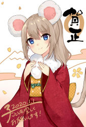 Rule 34 | 1girl, animal ears, blue eyes, blush, brown hair, chinese zodiac, closed mouth, commentary request, fingernails, fur collar, hair between eyes, head tilt, highres, japanese clothes, kimono, kinatsu ship, long hair, long sleeves, looking at viewer, mouse ears, mouse girl, mouse tail, nail polish, obi, original, petals, pink nails, red kimono, sash, sleeves past wrists, smile, solo, tail, translation request, upper body, wide sleeves, year of the rat