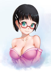 Rule 34 | 1girl, aqua eyes, bare shoulders, black hair, blush, bob cut, breasts, cleavage, collarbone, commentary request, glasses, hair ornament, hairclip, highres, kirigaya suguha, large breasts, looking at viewer, off shoulder, short hair, simple background, smile, softwareworker, solo, sword art online, white background