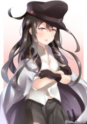 Rule 34 | 1girl, anchor, bad id, bad twitter id, black gloves, black hair, black hat, black skirt, blush, cosplay, crossed arms, gangut (kancolle), gangut (kancolle) (cosplay), gloves, gradient background, grey jacket, hat, hatsushimo (kancolle), jacket, juurouta, kantai collection, long hair, looking at viewer, miniskirt, one-hour drawing challenge, open clothes, open jacket, open mouth, pleated skirt, red background, red eyes, shirt, skirt, solo, twitter username, unbuttoned, unbuttoned shirt, white shirt