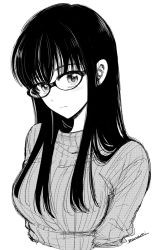 1girl black_hair blush breasts closed_mouth commentary_request cropped_torso glasses greyscale himawari-san himawari-san_(character) large_breasts long_hair looking_at_viewer monochrome ribbed_sweater signature solo sugano_manami sweater