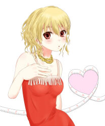 Rule 34 | 1girl, bare arms, bare shoulders, blonde hair, breasts, brown eyes, cleavage, commentary request, dress, gokusai kaibi, hair between eyes, hand on own chest, heart, light blush, looking at viewer, medium breasts, medium hair, mismatched eyebrows, parted lips, red dress, shin (highest1192), sleeveless, sleeveless dress, solo, tape measure, toaru majutsu no index, toaru majutsu no index: old testament, upper body, white background