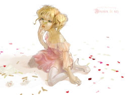 8981 bad_id bad_pixiv_id bandaid bare_shoulders blonde_hair blood dress green_eyes lips original pantyhose solo twintails