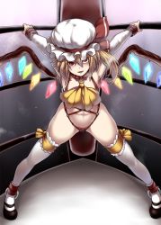 Rule 34 | 1girl, alternate costume, blonde hair, bow, flandre scarlet, hat, highres, leotard, mary janes, red eyes, shoes, side ponytail, solo, thighhighs, tobisawa, touhou, white thighhighs, wings, wrestling outfit, wrestling ring