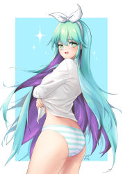 Rule 34 | + +, 1girl, absurdres, aqua hair, ass, blue eyes, bow, character request, colored inner hair, erica (soccer spirits), hairband, highres, long hair, long sleeves, looking at viewer, multicolored hair, panties, shirt, soccer spirits, solo, ssalu, standing, star-shaped pupils, star (symbol), striped clothes, striped panties, symbol-shaped pupils, two-tone hair, underwear, undressing, very long hair, white bow, white hairband, white shirt