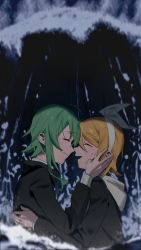 Rule 34 | 2girls, arm around back, black jacket, blonde hair, bow, closed eyes, commentary, face-to-face, from side, green hair, gumi, hair bow, hand on another&#039;s face, hands up, highres, hood, hooded jacket, hug, jacket, kagamine rin, multiple girls, open mouth, partially submerged, rain, short hair, sidelocks, smile, vocaloid, water drop, waves, white bow, wounds404, yuri