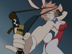 Rule 34 | 00s, 1girl, bare shoulders, breasts, playboy bunny, cleavage, flcl, green eyes, guitar, haruhara haruko, highres, instrument, red hair, smile, solo, standing