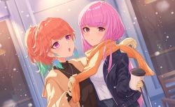 Rule 34 | 2girls, alternate costume, blush, coat, cup, disposable cup, dutch angle, gloves, highres, holding, holding cup, hololive, hololive english, jacket, looking at another, makamati, mori calliope, multiple girls, open mouth, orange hair, parted lips, pink hair, scarf, snowing, takanashi kiara, upper body, virtual youtuber, winter, winter clothes