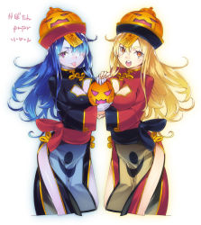 Rule 34 | 2girls, :d, :p, alternate color, blonde hair, blue hair, blue skin, blush, bow, breast press, breasts, china dress, chinese clothes, cleavage, cleavage cutout, clothing cutout, colored skin, cowboy shot, cropped legs, dress, dual persona, from side, hair between eyes, hair over one eye, hat, holding, jack-o&#039;-lantern, jiangshi, large breasts, long hair, long sleeves, looking at viewer, multiple girls, ofuda, open mouth, orange eyes, outline, parted bangs, pumpkin, purple eyes, qingdai guanmao, sash, sengoku collection, side slit, simple background, smile, standing, super zombie, tongue, tongue out, translation request, turtleneck, wavy hair, white background, wide sleeves, zhang jiao (sengoku collection)