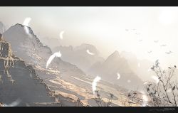 Rule 34 | artist name, bird, blurry, blurry background, dated, day, feathers, fog, highres, letterboxed, monochrome, mountain, no humans, original, outdoors, scenery, signature, tree, waisshu (sougyokyuu)