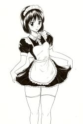 Rule 34 | 1girl, apron, blush, highres, looking at viewer, maid, maid apron, monochrome, original, simple background, solo, standing, thighhighs, tongue, tongue out, white background, yabuno zoku hisa