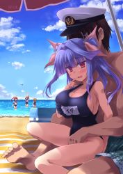 Rule 34 | 1boy, 4girls, admiral (kancolle), bare arms, bare legs, barefoot, beach, black hair, black one-piece swimsuit, blonde hair, blue hair, blush, grabbing another&#039;s breast, breasts, cleavage, cloud, collarbone, day, fingering, fingering from behind, grabbing, hat, i-168 (kancolle), i-19 (kancolle), i-58 (kancolle), i-8 (kancolle), kantai collection, large breasts, long hair, multiple girls, name tag, ocean, one-piece swimsuit, open mouth, parasol, peaked cap, pink hair, ponytail, purple hair, red eyes, red hair, school swimsuit, short hair, swimsuit, toes, toshihiro, tri tails, umbrella, water