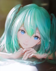 Rule 34 | 1girl, aqua hair, aqua nails, bloom, blue eyes, blurry, blurry foreground, close-up, commentary, depth of field, hair tie, hatsune miku, highres, long hair, looking at viewer, lying, nail polish, ojay tkym, on stomach, portrait, resolution mismatch, sidelighting, signature, solo, source larger, twintails, vocaloid