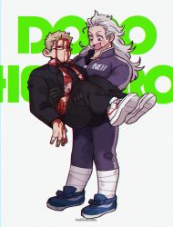Rule 34 | 1boy, 1girl, :d, annoyed, black gloves, blonde hair, blood, blood on face, blush stickers, carrying, copyright name, dorohedoro, glasses, gloves, grey hair, highres, ka ji, long hair, long sleeves, noi (dorohedoro), open mouth, princess carry, shin (dorohedoro), shoes, smile
