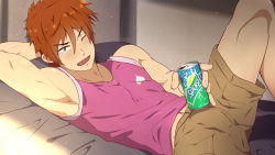 Rule 34 | 10s, 1boy, ;d, bulge, can, drink can, erection, erection under clothes, free!, lying, male focus, mazjojo, mikoshiba momotarou, on back, one eye closed, open mouth, orange hair, sexually suggestive, shorts, sleeves rolled up, smile, soda can, solo, yellow eyes