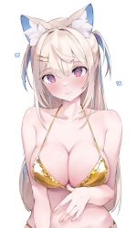 Rule 34 | 1girl, absurdres, animal ear fluff, animal ears, artist name, bare arms, bare shoulders, bikini, blonde hair, blush, breasts, closed mouth, collarbone, colored inner animal ears, commentary, dog ears, dog girl, fuwawa abyssgard, gold bikini, golden week, hair between eyes, hair ornament, hairclip, halterneck, highres, hololive, hololive english, large breasts, long hair, looking at viewer, multicolored hair, namiorii, pink eyes, simple background, smile, solo, streaked hair, string bikini, sweatdrop, swimsuit, symbol-only commentary, two side up, upper body, virtual youtuber, white background