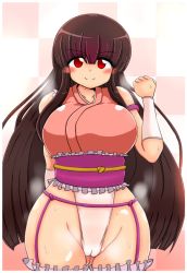 Rule 34 | 1girl, bare shoulders, blush, breasts, brown hair, cameltoe, curvy, female focus, garter belt, groin, highleg, houraisan kaguya, large breasts, long hair, looking at viewer, no-biru, red eyes, smile, solo, standing, steam, sweat, thick thighs, thighhighs, thighs, touhou, wide hips