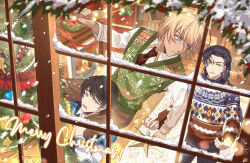 Rule 34 | 3boys, akai shuuichi, amuro tooru, artist logo, artist name, black hair, black pants, blonde hair, blue eyes, book, bookshelf, brown necktie, brown pants, candy, candy cane, carrying, christmas, christmas lights, christmas ornaments, christmas star, christmas tree, christmas wreath, cigarette, closed mouth, collared shirt, commentary, english text, facial hair, fire, fireplace, flying sweatdrops, food, gingerbread man, green eyes, green sweater vest, hair between eyes, highres, holding, indoors, long hair, long sleeves, looking at another, looking down, lower teeth only, male focus, meitantei conan, merry christmas, multicolored clothes, multicolored sweater, multiple boys, necktie, open mouth, pants, parted lips, print sweater, rug, scotch (meitantei conan), sevenaklausv, shirt, short hair, shoulder carry, smoke, snowing, stubble, sweatdrop, sweater, sweater vest, teeth, turtleneck, turtleneck sweater, white shirt, window, wreath