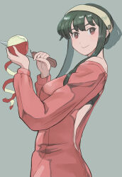 Rule 34 | 1girl, absurdres, apple, back cutout, black hair, closed mouth, clothing cutout, food, fruit, hairband, highres, holding, holding food, holding fruit, holding knife, k katora, knife, off-shoulder sweater, off shoulder, peeling, red apple, red eyes, red sweater, reverse grip, smile, solo, spy x family, sweater, white hairband, yor briar