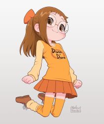 Rule 34 | 1girl, :3, artist name, blush, bow, brown eyes, brown footwear, brown hair, child, clenched hands, closed mouth, clothes writing, commentary, english commentary, fujiwara hazuki, full body, glasses, gradient background, grey background, hair bow, highres, long hair, long sleeves, multicolored shirt, ojamajo doremi, orange bow, orange shirt, orange skirt, orange thighhighs, pinkbunnyjuice, pleated skirt, ponytail, round eyewear, shirt, short bangs, single sidelock, skirt, solo, thighhighs, two-tone background, white background, yellow leg warmers