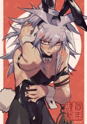 Rule 34 | 1boy, absurdres, alternate costume, anger vein, animal ears, blush, clenched teeth, fake animal ears, grey hair, highres, leotard, long hair, loose clothes, male focus, millennium ring, pectorals, playboy bunny, rabbit ears, red eyes, solo, spiked hair, sweatdrop, teeth, translation request, xiao (creation0528), yami bakura, yu-gi-oh!, yu-gi-oh! duel monsters
