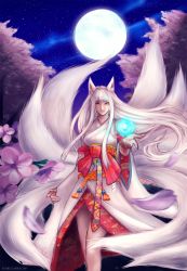 Rule 34 | 1girl, ahri (league of legends), alternate costume, alternate hair color, animal ears, detached sleeves, energy ball, facial mark, flower, fox ears, fox tail, full moon, highres, inari, japanese clothes, kimono, kitsune, league of legends, lily (nyaruko), long hair, moon, multiple tails, silver hair, solo, tail, whisker markings, yellow eyes