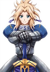 Rule 34 | 1girl, armor, armored dress, artoria pendragon (all), artoria pendragon (fate), blonde hair, blue dress, blue eyes, blue ribbon, closed mouth, cosplay, dress, excalibur (fate/stay night), fate/stay night, fate (series), gauntlets, girls und panzer, gloves, grey gloves, hair intakes, hair ribbon, hair up, highres, holding, holding sword, holding weapon, kawasumi ayako, kay (girls und panzer), looking at viewer, medium hair, omachi (slabco), ponytail, ribbon, saber (fate), saber (fate) (cosplay), simple background, smile, solo, standing, sword, v-shaped eyebrows, voice actor connection, weapon, white background