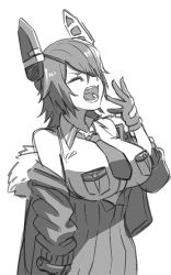 Rule 34 | 1girl, breasts, closed eyes, eyepatch, fur-trimmed jacket, fur trim, gloves, greyscale, hair over one eye, highres, jacket, kantai collection, large breasts, long sleeves, messy hair, monochrome, open mouth, short hair, solo, teeth, tenryuu (kancolle), tenryuu kai ni (kancolle), yawning, yue (tada no saboten)