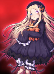 Rule 34 | 1girl, abigail williams (fate), black bow, black dress, black hat, blonde hair, bloomers, boro bukuro, bow, dress, fate/grand order, fate (series), gothic lolita, hair bow, hair ornament, hat, heterochromia, holding, holding toy, lolita fashion, long hair, long sleeves, orange bow, sleeves past wrists, solo, stuffed animal, stuffed toy, teddy bear, toy, underwear, white bloomers