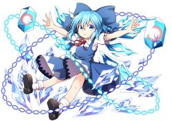 Rule 34 | 1girl, blue dress, blue eyes, blue hair, cirno, danmaku, dress, full body, hair ornament, hair ribbon, highres, ice, ice wings, looking at viewer, matching hair/eyes, nogisaka kushio, open mouth, outstretched arms, puffy sleeves, ribbon, shoes, short hair, short sleeves, socks, solo, touhou, transparent background, white socks, wings
