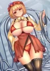 Rule 34 | 1girl, aki minoriko, bikini, black thighhighs, blonde hair, breasts, cleavage, closed mouth, food, fruit, grapes, groin, hair ornament, hand on own hip, hat, highres, holding, holding hose, hose, huge breasts, long sleeves, looking at viewer, mob cap, plaid, plaid bikini, red bikini, red eyes, red hat, red skirt, see-through, see-through skirt, shirt, short hair, shounen (hogehoge), skirt, smile, solo, standing, swimsuit, thighhighs, touhou, water, x hair ornament, yellow shirt