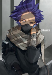 Rule 34 | 1boy, artist name, black sweater, boku no hero academia, grey background, hair up, half-closed eyes, hand on own neck, hand up, highres, long sleeves, male focus, pouch, purple hair, scarf, shinsou hitoshi, short hair, sitting, solo, sweater, tonbanlove