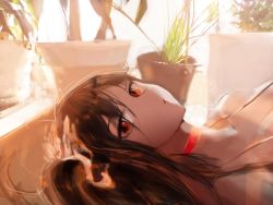 Rule 34 | 1girl, azur lane, bad id, bad pixiv id, bare shoulders, black hair, breasts, canella, collar, commentary, dress, flower pot, hair between eyes, hair ornament, large breasts, long hair, looking at viewer, lying, on back, plant, red eyes, solo, taihou (azur lane), taihou (forbidden feast) (azur lane)