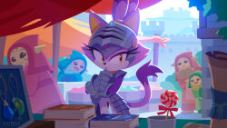 1girl :&lt; animal_ears armor blaze_the_cat book castle cat_ears cat_girl food fruit furry furry_female gauntlets gold_necklace hood jewelry looking_at_another market multiple_others necklace official_art outdoors pendant percival_(sonic) ponytail purple_fur shoulder_armor simple_background smile sonic_(series) sonic_and_the_black_knight sonic_channel visor_(armor) yellow_eyes