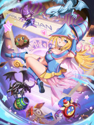Rule 34 | 1boy, 1girl, armpits, artist name, ass, bare shoulders, blonde hair, blue-eyes white dragon, blue dress, blue eyes, blush, boots, breasts, burnt green tea, capelet, card, cleavage, collar, commentary, dark magician, dark magician girl, dragon, dress, duel monster, exodia the forbidden one, full body, hat, highres, knee boots, kuriboh, lips, long hair, looking at viewer, medium breasts, millennium puzzle, obelisk the tormentor, one eye closed, open mouth, osiris the sky dragon, pentacle, pot of greed, red-eyes black dragon, see-through, shiny skin, short dress, signature, simple background, smile, teeth, the winged dragon of ra, thighs, time wizard, vambraces, wand, yu-gi-oh!, yu-gi-oh! duel monsters