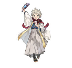 Rule 34 | 1boy, dragonstone, envelope, fire emblem, fire emblem heroes, grey eyes, hagoita, holding, holding envelope, japanese clothes, kimono, looking at viewer, nintendo, official alternate costume, official art, open mouth, paddle, scarf, smile, solo, spiked hair, white hair