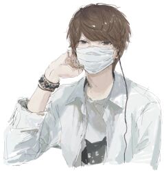 Rule 34 | 1boy, animal print, black eyes, bracelet, brown hair, cat print, commentary request, hand up, jewelry, jiz (pffbq), kiyo (youtuber), long sleeves, looking at viewer, male focus, mask, mouth mask, real life, shirt, short hair, simple background, solo, surgical mask, upper body, white background, white shirt
