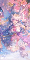 Rule 34 | 1girl, absurdres, animal ears, bad id, bad twitter id, blurry, blurry background, blurry foreground, cherry blossoms, dress, flower, frilled cuffs, full body, hair ornament, hand up, highres, looking at viewer, maccha (mochancc), multicolored eyes, open mouth, orange eyes, original, outdoors, pink flower, plant, purple eyes, sidelocks, sitting, smile, solo, spacesuit, standing, strapless, strapless dress, teeth, translation request, upper teeth only, virtual youtuber, wariza, water, white dress, white hair, wrist cuffs